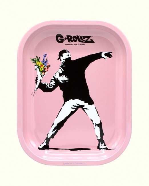 Banksy 'Pink Flower' Small Metal Rolling Tray - 14cm x 18cm
