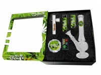 Boxed Glass Waterpipe Gift Set - Leaf Design Clear Bong, Kawuun Pipe, Grinder, Lighter, Tips & Screens